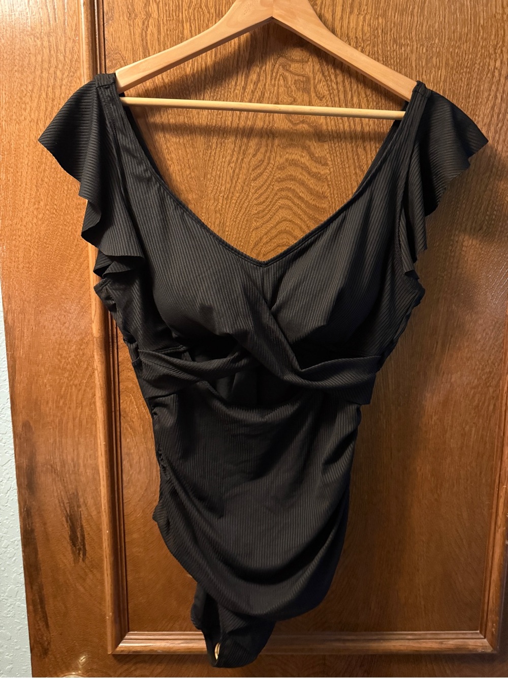 Black Ribbed Surplice One-Piece Swimsuit with Ruffle Shoulders